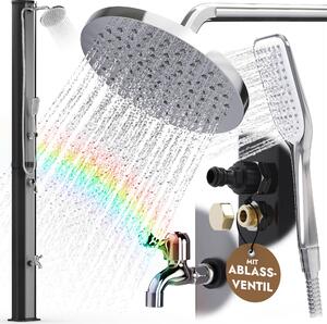 Doccia solare, doccia da giardino da 40 litri con doccetta manuale, doccia per sauna, piscina da giardino, doccia esterna nera con paraspruzzi in acciaio inossidabile 304 / V2A