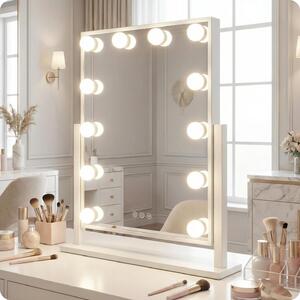 Specchio da Trucco Hollywood Bianco 47x36 cm con 12 LED, Luce Regolabile e Specchietto Ingranditore 10X