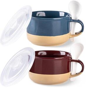 GBHOME Tazze da zuppa in Vetroceramica da 24 oz con manici e coperchi, fondo in terracotta e cucchiaio per zuppe/cereali/insalate/tagliatelle/ramen, adatte al microonde e lavabili in lavastoviglie, blu e rosse
