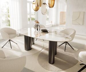 Tavolo da pranzo DELIFE Edge ovale 220x120 Vetroceramica Minas melange bianco-beige pilastri acciaio inox grafite