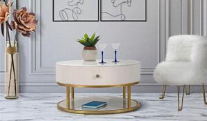 Tavolo da caff� rotondo con struttura in metallo dorato, MONTPELLIER, dimensioni 42x42x h 48 cm design ondulato colore bianco