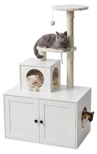 Relaxdays, tiragraffi per gatti con armadietto per la lettiera, dimensioni: 133x78x49 cm, pali in sisal e cuccia, aspetto legno, torre per gatti, colore bianco