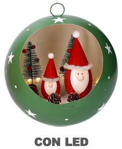 Pupazzo Babbo Natale in Metallo dentro pallina con Led verde cm Ø22xh22