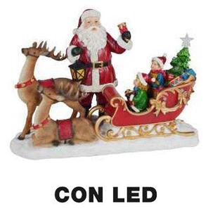 Pupazzo Babbo Natale in Resina con Led con renna e slitta rosso cm 38,5x17,5xh27