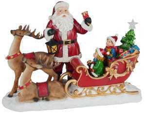 Pupazzo Babbo Natale in Resina con Led con renna e slitta rosso cm 38,5x17,5xh27