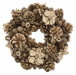 Coroncina con fiori e pigne champagne cm Ø30xh8