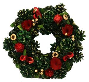 Coroncina con fiori rosso e pigne verde cm Ø30xh8