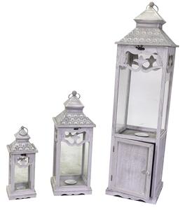 Set 3 Lanterne in Legno in Metallo sbiancato c/anta quadro