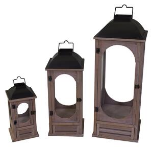 Set 3 Lanterne in Legno in Metallo naturale grigio c/cassetto quadro