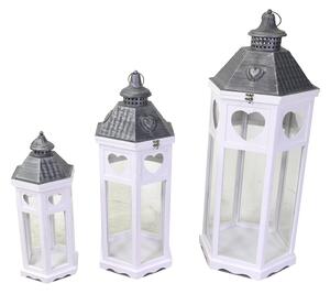 Set 3 Lanterne in Legno in Metallo bianco argento esagonale