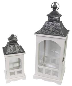 Set 2 Lanterne in Legno in Metallo bianco argento quadro