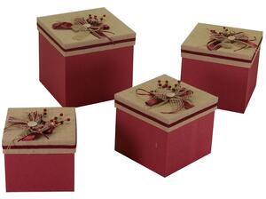 Set 4 Scatole cartone e stoffa con fiocco e bacche quadra