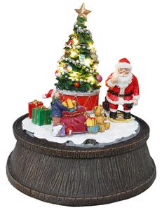 Babbo Natale con Albero e Pacchi Regalo Carillon 20,5x20,5x22,5 cm in Resina con Movimento e Luci