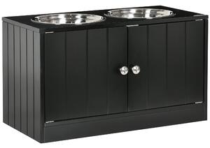 2 Ciotole per Cani Rialzate 60x30x35,5 cm in Acciaio Inox con Vano Contenitore Nero