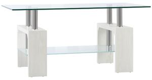 Tavolino da Caffè a 2 Livelli 90x50x42 cm in Vetro e Legno Bianco