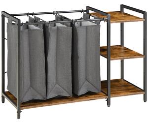 Mobile Portabiancheria 106x40x75 cm con 3 Sacchi in Tessuto e 3 Ripiani Grigio e Marrone