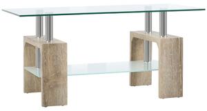 Tavolino da Caffè a 2 Livelli 90x50x42 cm in Vetro e Legno Naturale