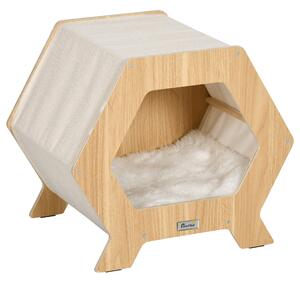 Cuccia per Gatti 49,5x38,5x43,5 cm in Legno e Tessuto con Cuscino in Peluche Quercia e Bianco