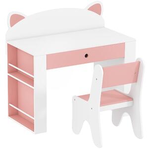 AIYAPLAY Set Tavolo Bambini con Sedia, Libreria Laterale, 3-8 Anni, Cassetto, Design con Orecchie di Volpe, Bianco | Aosom Italy