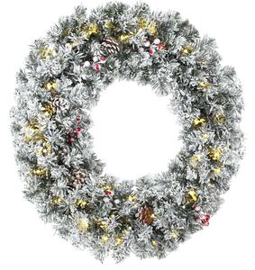 HOMCOM Ghirlanda Natalizia Innevata da 60 cm con Luci LED, Fiocco Scozzese, Rami, Pigne, Bacche, Verde | Aosom Italy