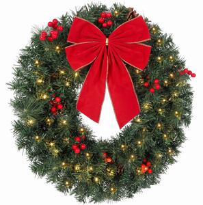 HOMCOM Ghirlanda Natalizia da 60 cm con Luci LED 8 Modalità, Fiocco, 140 Rami, Pigne e Bacche, Corona di Natale, Verde | Aosom Italy