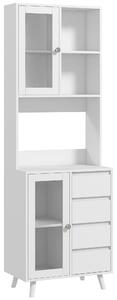 HOMCOM Credenza Cucina Alta con Ante in Vetro, 2 Ripiani Aperti, 4 Cassetti, Ripiani Regolabili, 60x35x180 cm, Bianco | Aosom Italy
