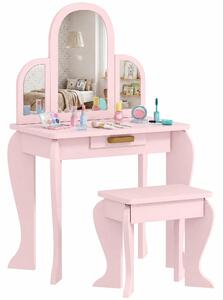 HOMCOM Tavolo per Trucco per Bambine 3-6 Anni con Sgabello, Cassetti e Specchio Coordinato in Acrilico, in MDF e Legno di Pino, Rosa|Aosom