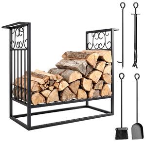HOMCOM Portalegna Rialzato per Camino in Acciaio Antiruggine, per Interni ed Esterni, 4 Attrezzi Inclusi, 75x30x60cm|Aosom