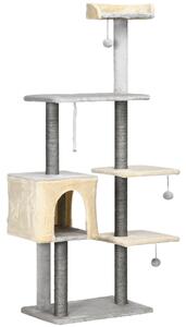 Albero Tiragraffi H156 cm con Lettino e Casetta Pali in Sisal Grigio e Beige