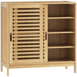 HOMCOM Scarpiera Ingresso 4 Livelli in Bambù per 16 Paia, 2 Ante Scorrevoli a Doghe, Ripiani Regolabili, Color Legno | Aosom Italy