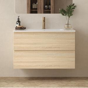 Mobile bagno 100 cm lavabo integrato legno chiaro | KAM-HR100 - KAMALU
