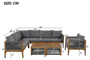 Set Lounge da Giardino per 7-8 Persone con Divano, Tavoli e Cuscini, Rivestimento Lavabile, Design in Corda, Legno Naturale e Grigio