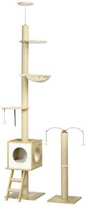 Albero per Gatti con Tiragraffi 40x40x225-285 cm Casetta Amaca e Pallina in Truciolato e iuta Beige e bianco