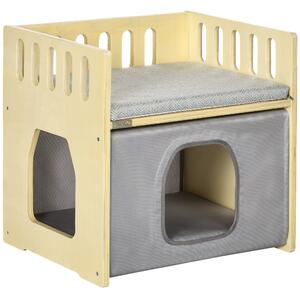 Casetta per Gatti 2 Livelli 48x38x47 cm con Cuscini Rimovibili e Guide di Sicurezza in Legno e Tessuto Grigio e Bianco