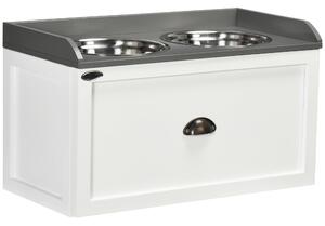 Ciotole per Cani Rialzate 60x30x36 cm con Cassetto in Acciaio Inox e Legno Bianco e Grigio