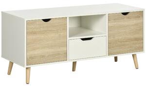 Mobile TV Fino a 55" 110x40x50 cm con Cassetti Ripiani Aperti e Armadietti in Truciolato Bianco e Colore Legno