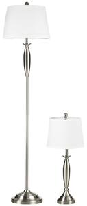 Set Lampada da Terra e Lampada da Tavolo 40W Attacco E27 in Acciaio e Tessuto Bianco e Argento