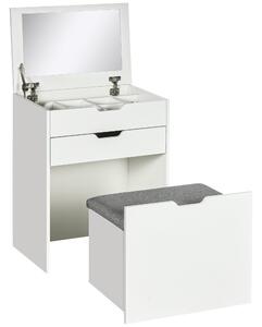 Consolle Trucco 60x40x114 cm con Specchio e Sgabello in Legno Bianco