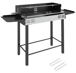 Outsunny Barbecue a Carbone a 3 Livelli con Mensole Pieghevoli e Girarrosto, in Acciaio Inox, 118x32x90 cm, Nero|Aosom