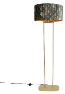 Lampada da terra in ottone con paralume ovale con motivo a foglie e interno dorato 50 cm - Thijmen