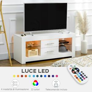 HOMCOM Mobile Porta TV da 55" con Luci LED a 12 Colori e Telecomando, Legno e Vetro 120x40x50cm, Bianco