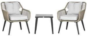 Set Tavolino e 2 Sedie da Giardino in Rattan PE e Acciaio Grigio