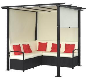 Set Salotto da Giardino Divano Angolare con Pergola Gazebo in Rattan Nero e Beige