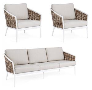 Set Salotto da Giardino Divano 2 Poltrone con Cuscini Maribela Bianco
