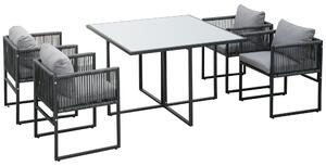Set Tavolo e 4 Sedie da Giardino con Cuscini in Rattan PE Nero e Grigio