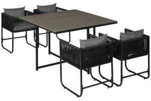 Set Tavolo e 4 Sedie da Giardino con Cuscini in Rattan PE e Acciaio Nero e Grigio