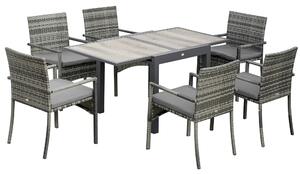 Set Tavolo Allungabile e 6 Sedie da Giardino con Cuscini in Rattan PE Grigio e Marrone