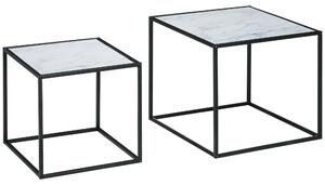 Set 2 Tavolini Quadrati Impilabili in Acciaio e Vetro Temperato Nero e Effetto Marmo