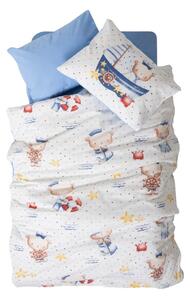 Set copripiumino e federa da bambini bianco/blu in cotone renforcé per culla con lenzuolo incluso/4 pezzi 100x150 cm Seaman – Mijolnir