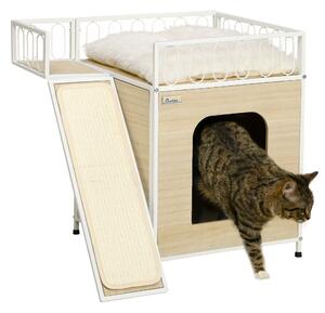 Casetta per Gatti 56x40x54 cm con Tiragraffi e Scaletta Legno e Bianco